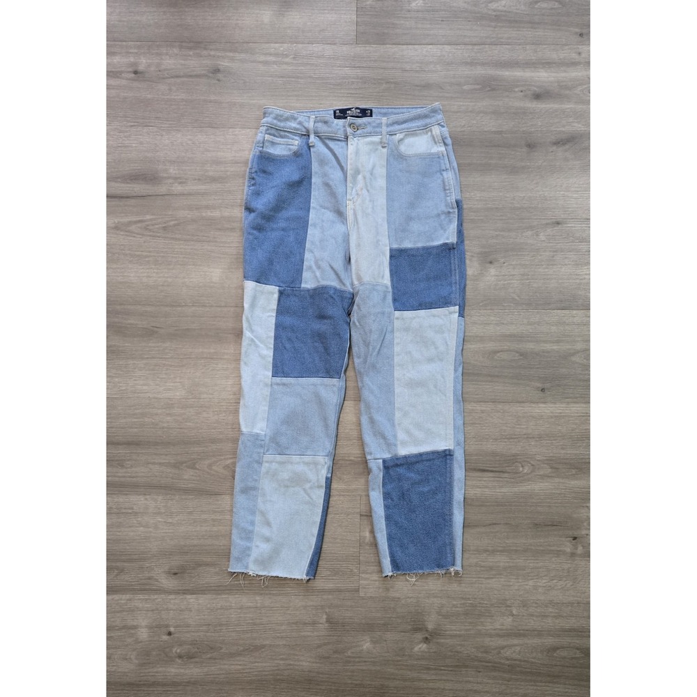 Hollister Mom Jeans Womens 7R Ultra High-Rise Patchwork Blue Stretch EUC